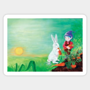 Rabbit Eating Carrot and a Gnome with Purple Hat Illustration Sticker